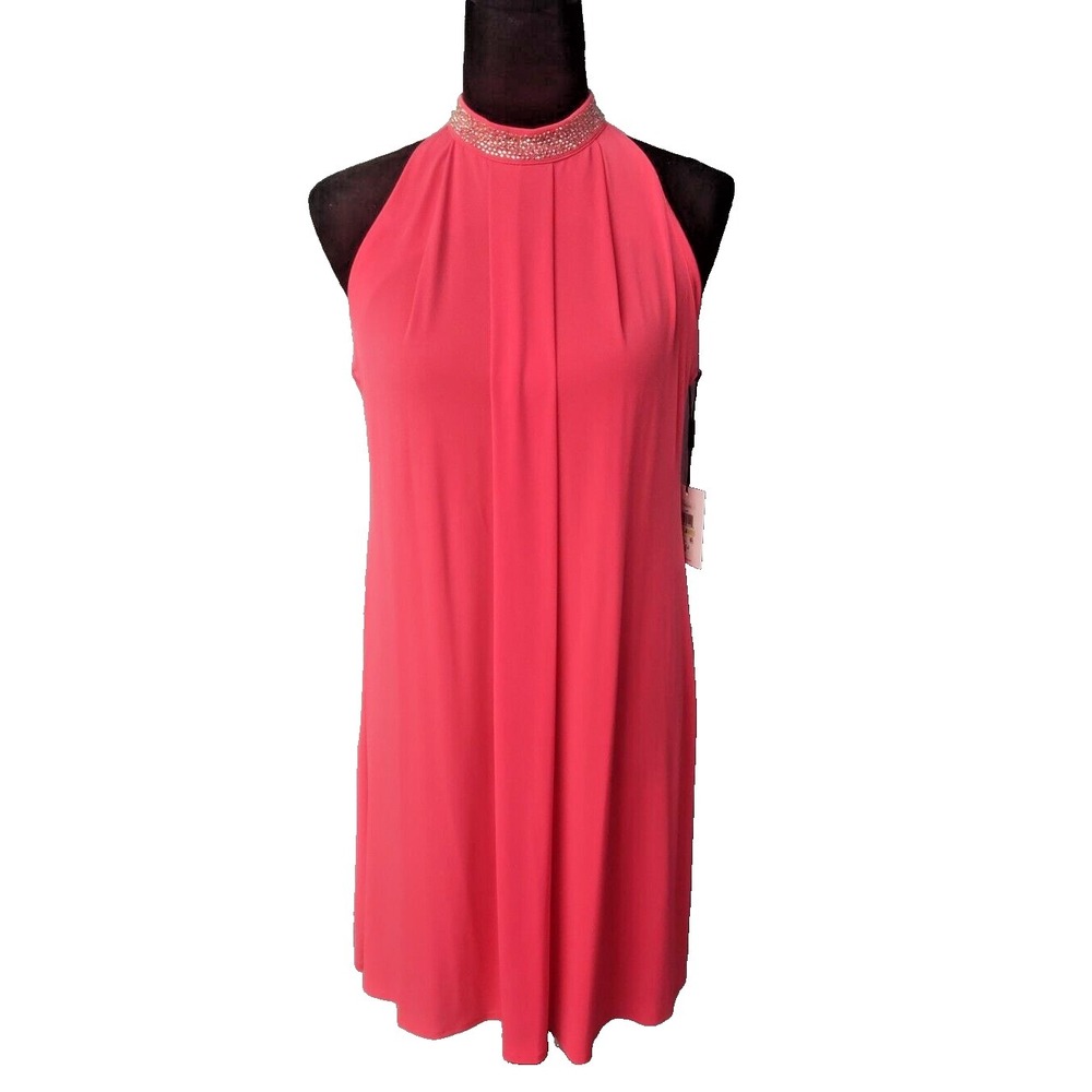 NEW Calvin Klein Coral Sleeveless Rhinestone Halter-Neck Dress, Size 4